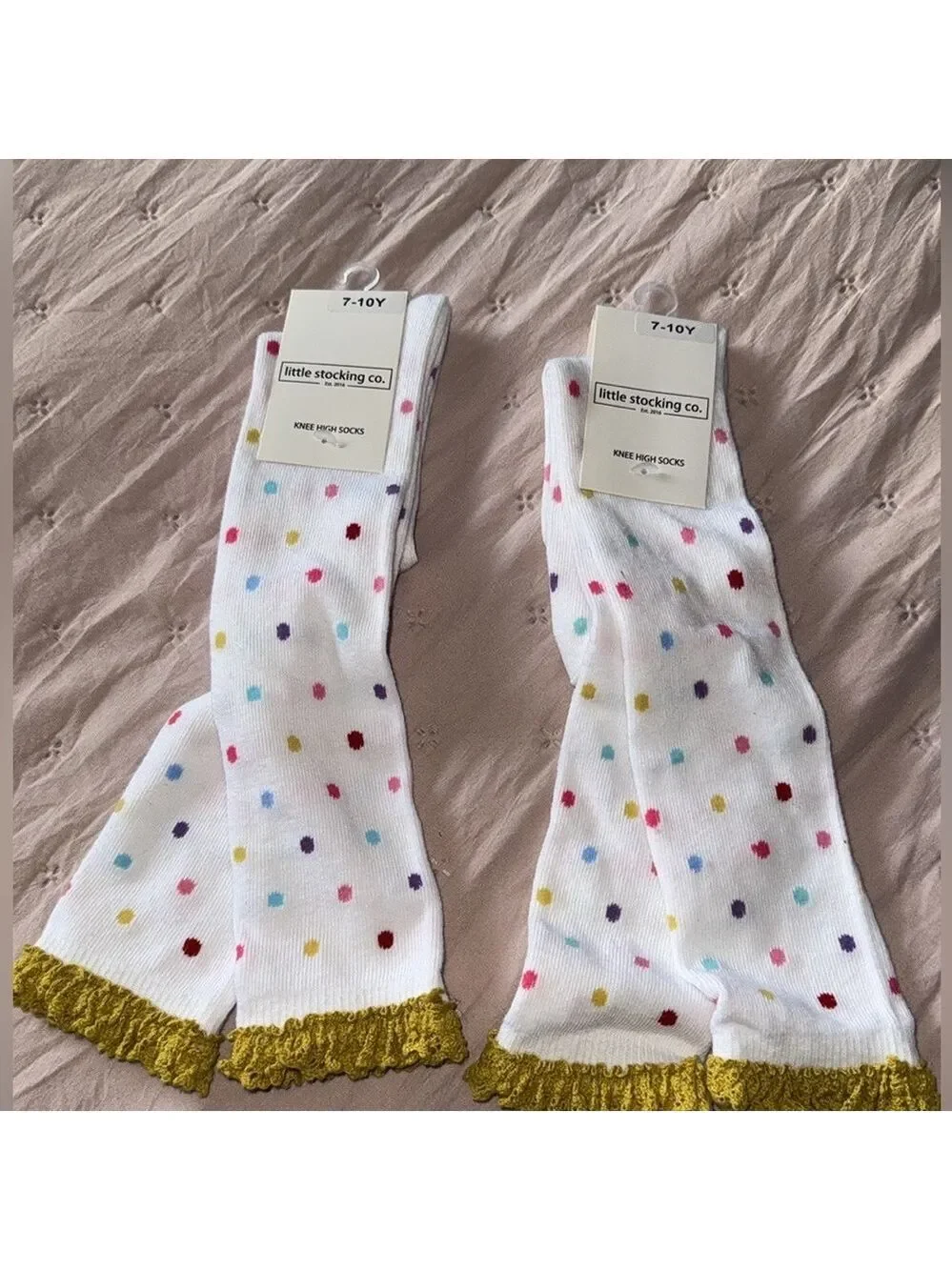 Bundle of 2 white dotted high  knee lace socks